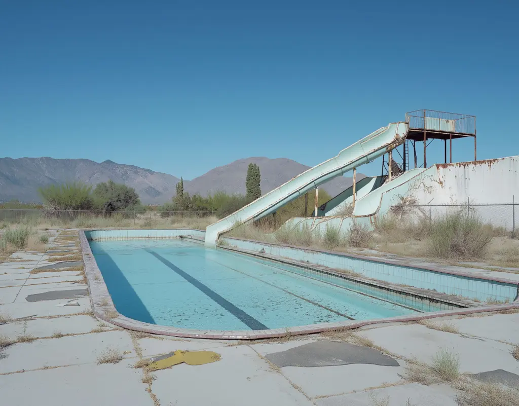 Imaginary abandoned training pool and water slide